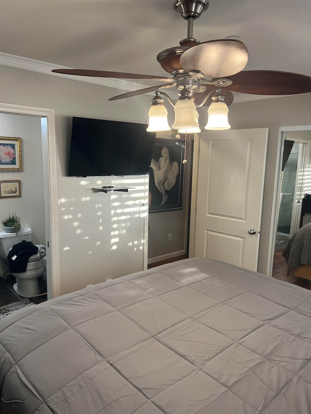 bedroom featuring ceiling fan and crown molding