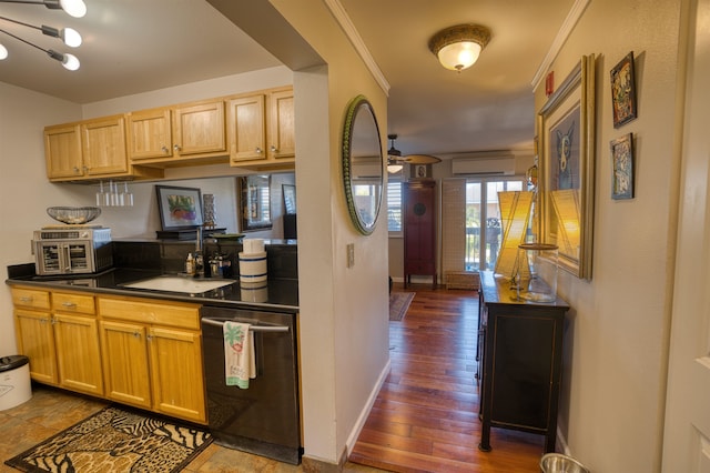 kitchen with dark hardwood / wood-style floors, sink, a wall mounted air conditioner, ceiling fan, and stainless steel dishwasher