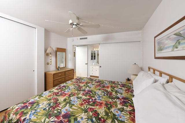 bedroom featuring ceiling fan and a closet