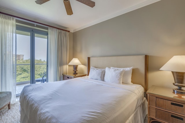 bedroom featuring access to exterior, crown molding, and ceiling fan