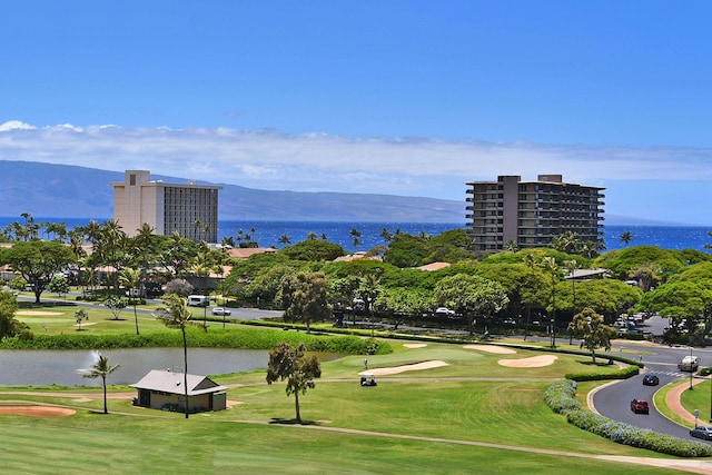 view of nearby features with a yard and a water and mountain view