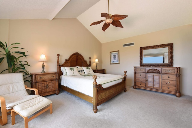 carpeted bedroom with lofted ceiling and ceiling fan