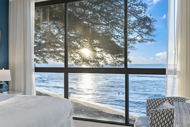 bedroom featuring a water view and a beach view