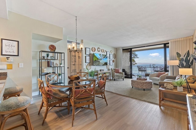 dining area with floor to ceiling windows, hardwood / wood-style floors, and a chandelier