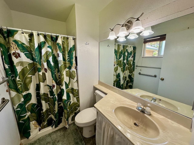 bathroom featuring vanity, a shower with shower curtain, and toilet