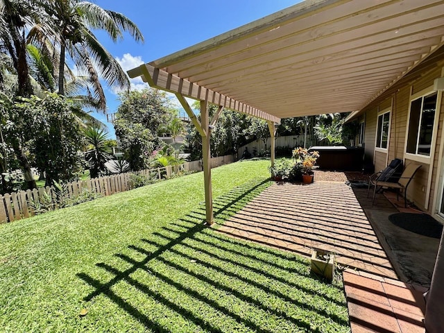 view of yard featuring a pergola, a jacuzzi, and a patio