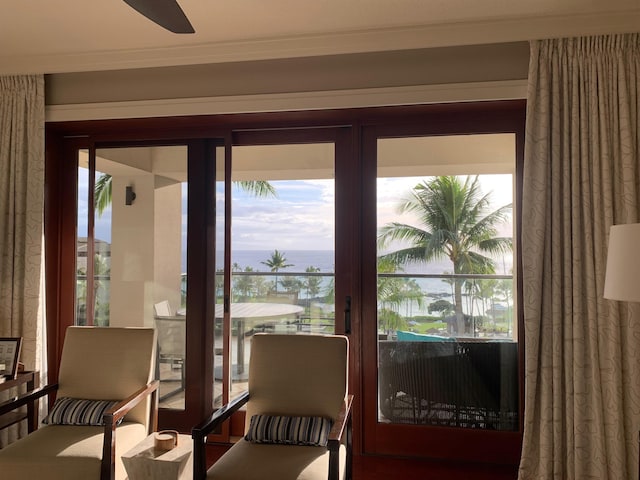 sitting room with a wealth of natural light and ceiling fan