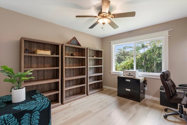 office area with light hardwood / wood-style flooring and ceiling fan