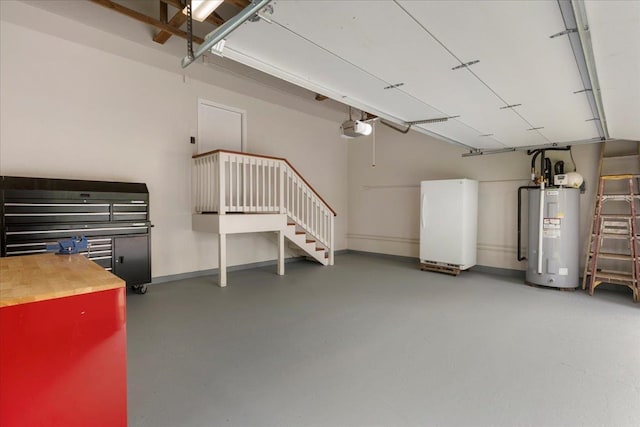 garage with refrigerator, water heater, and a garage door opener