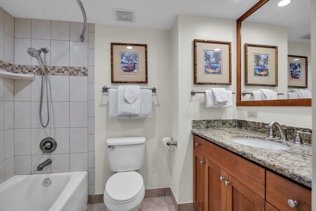 full bathroom with shower / bathtub combination, vanity, toilet, and baseboards