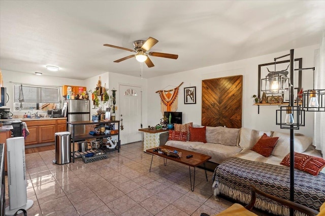 living room featuring a ceiling fan