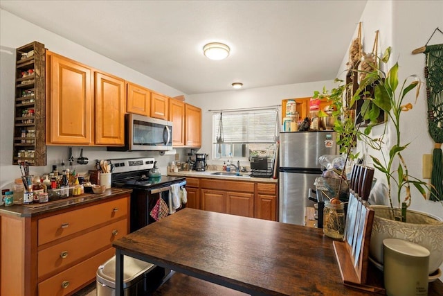 kitchen with dark countertops, appliances with stainless steel finishes, and a sink