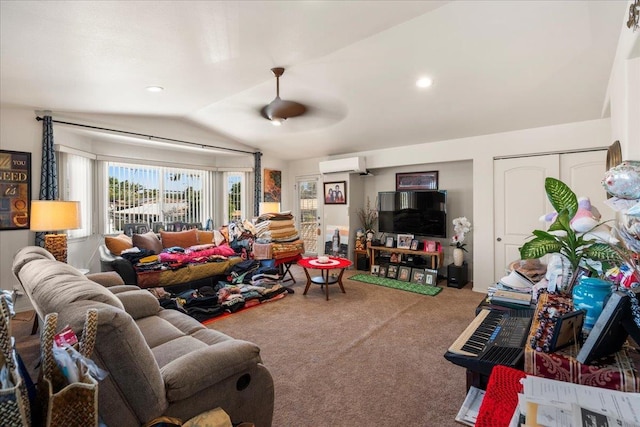 carpeted living room with lofted ceiling, a wall mounted air conditioner, and recessed lighting