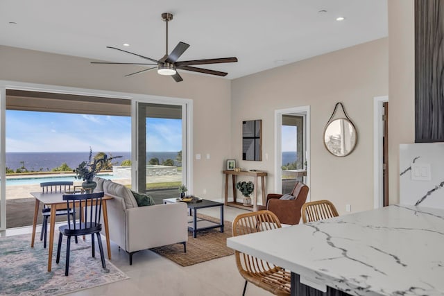 500 Kai Huki Cir Unit B, Haiku, HI 96708 - living area featuring a ceiling fan, plenty of natural light, recessed lighting, and a water view