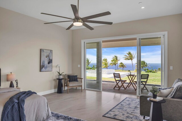 500 Kai Huki Cir Unit B, Haiku, HI 96708 - bedroom featuring access to exterior, baseboards, recessed lighting, a water view, and ceiling fan