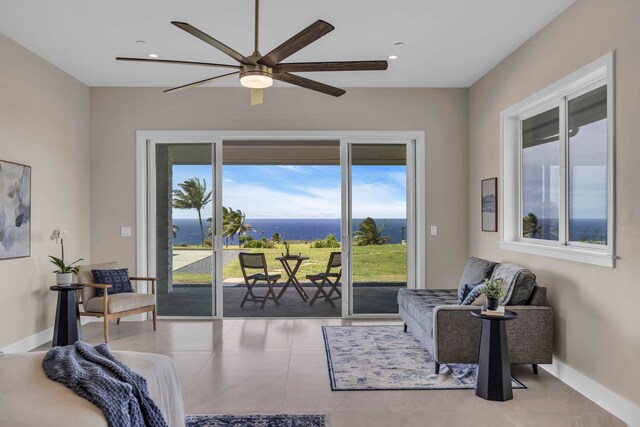 500 Kai Huki Cir Unit B, Haiku, HI 96708 - living area featuring ceiling fan, baseboards, a water view, and recessed lighting