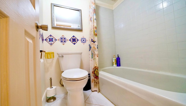 bathroom featuring tile patterned floors, toilet, and shower / tub combo with curtain