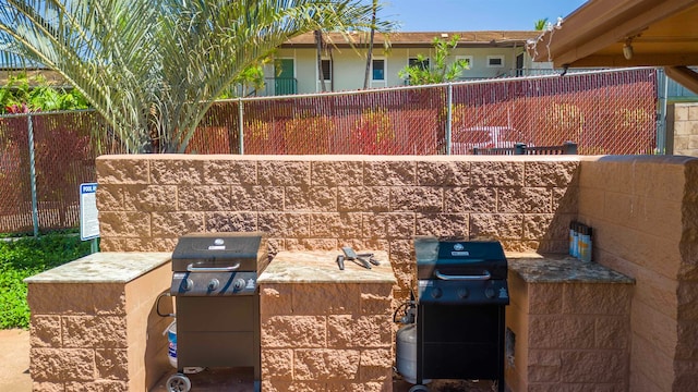 exterior space with fence and an outdoor kitchen