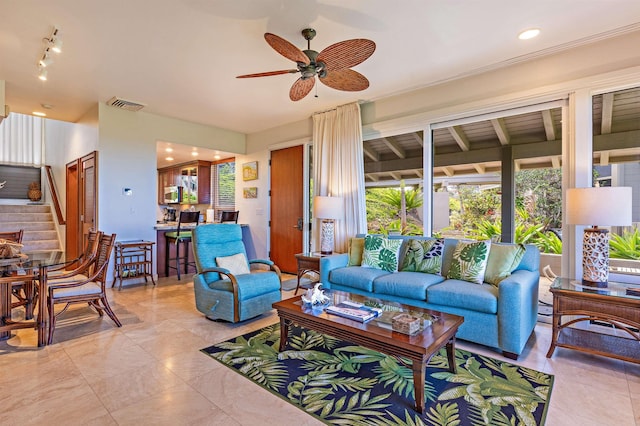 living room with stairs, visible vents, recessed lighting, and a ceiling fan