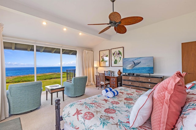 bedroom featuring a ceiling fan, access to outside, lofted ceiling with beams, recessed lighting, and carpet floors