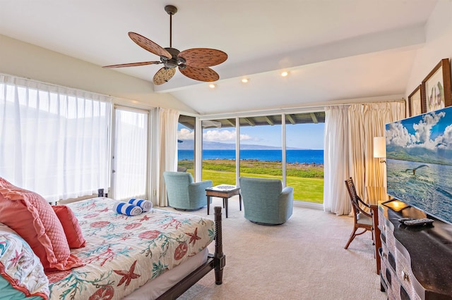 bedroom featuring multiple windows, light colored carpet, and access to outside