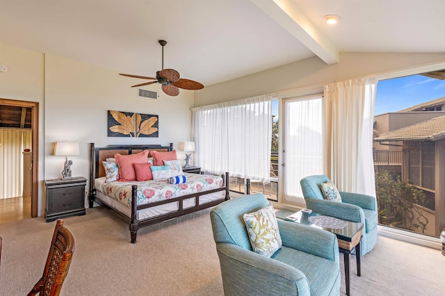 carpeted bedroom with access to exterior, visible vents, vaulted ceiling with beams, and a ceiling fan