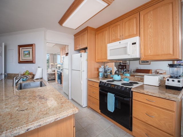 kitchen with light stone countertops, sink, white appliances, and light tile patterned flooring