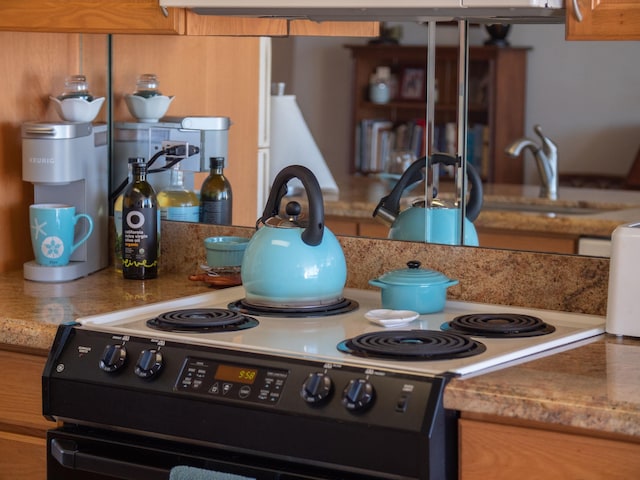 kitchen featuring light stone countertops, sink, and black range with electric stovetop