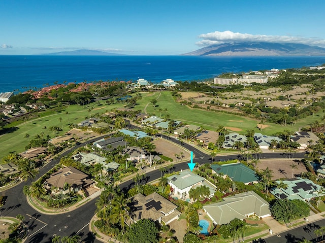 bird's eye view with a water and mountain view