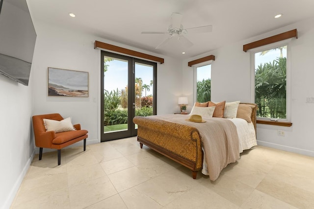 bedroom featuring french doors, access to outside, multiple windows, and ceiling fan