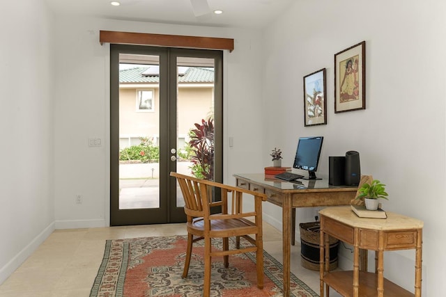 office featuring light tile patterned floors and french doors