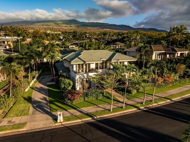 drone / aerial view featuring a mountain view