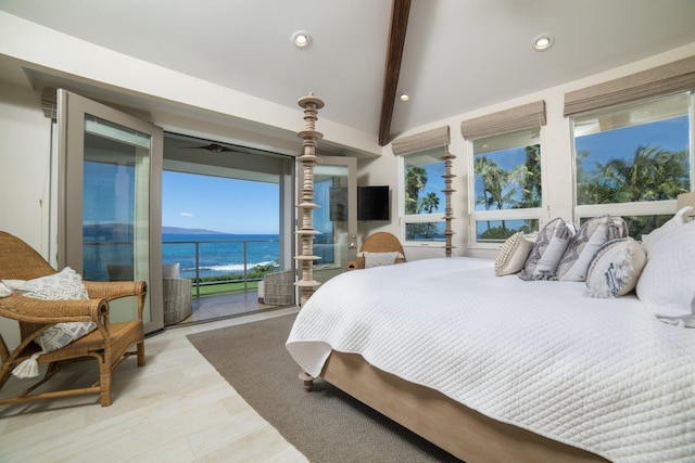 bedroom featuring vaulted ceiling with beams, access to outside, and light wood-type flooring