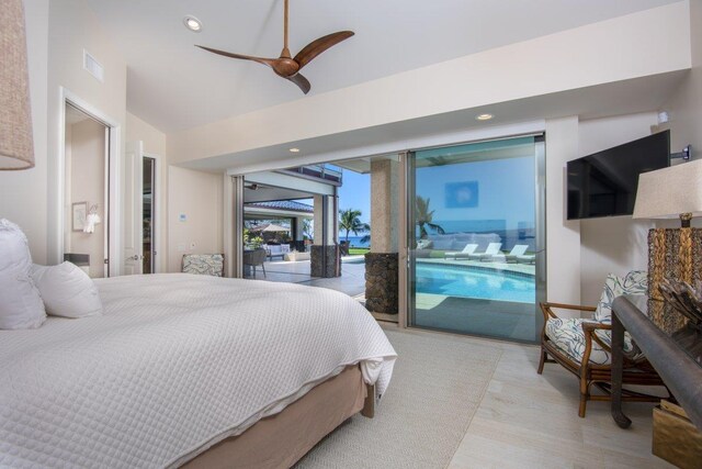 bedroom with ceiling fan, access to exterior, and light hardwood / wood-style floors