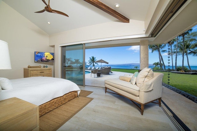 bedroom featuring ceiling fan, access to outside, vaulted ceiling with beams, a water view, and light hardwood / wood-style flooring