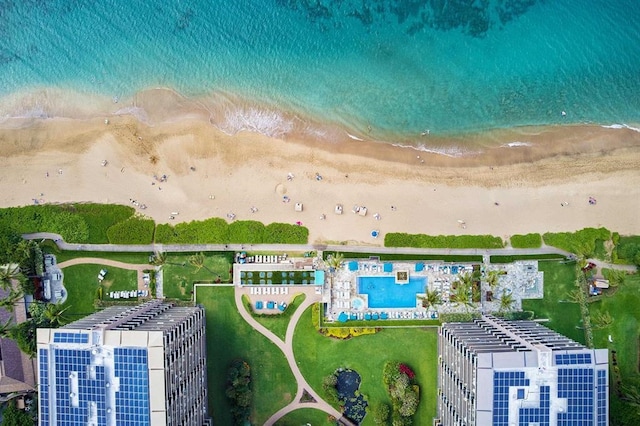 bird's eye view featuring a beach view and a water view