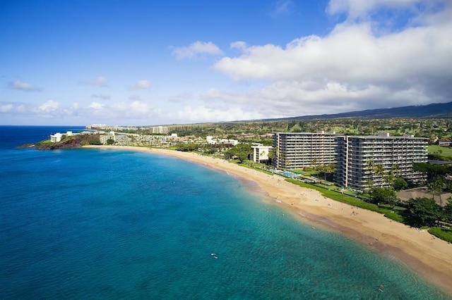 drone / aerial view featuring a water view and a view of the beach