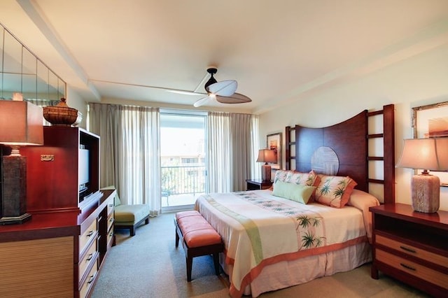 carpeted bedroom featuring ceiling fan and access to outside