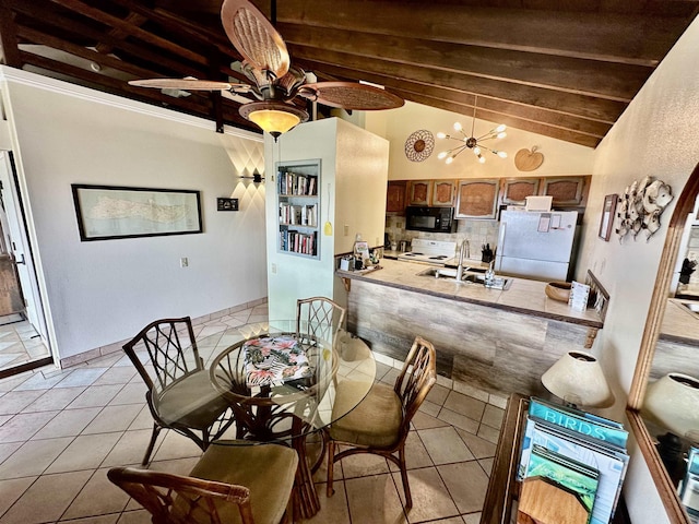 tiled dining space featuring lofted ceiling with beams, ceiling fan, wood ceiling, and sink