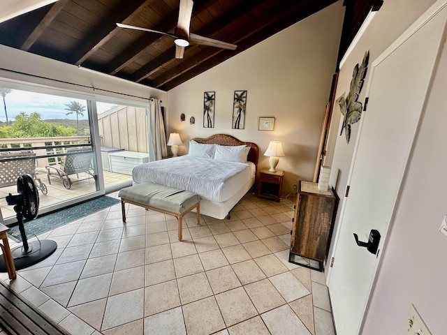 bedroom with light tile patterned floors, wood ceiling, ceiling fan, access to exterior, and lofted ceiling with beams