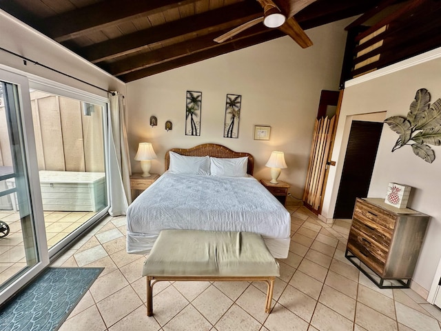 tiled bedroom with vaulted ceiling with beams, access to outside, and wood ceiling