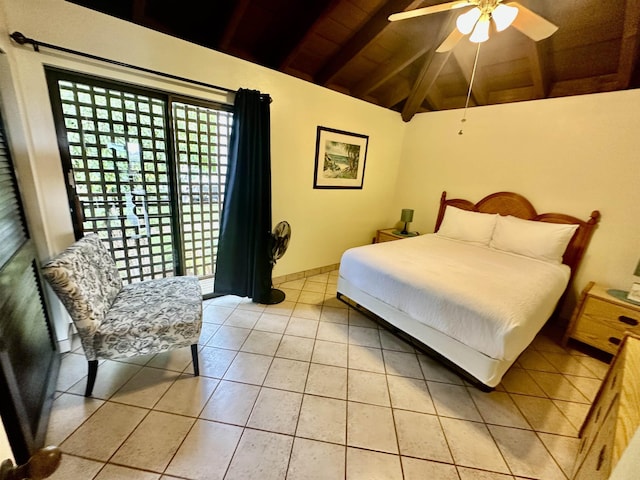 tiled bedroom featuring wood ceiling, lofted ceiling with beams, and ceiling fan