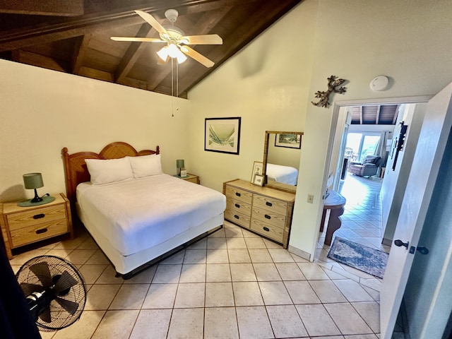 tiled bedroom with ceiling fan, high vaulted ceiling, and beam ceiling