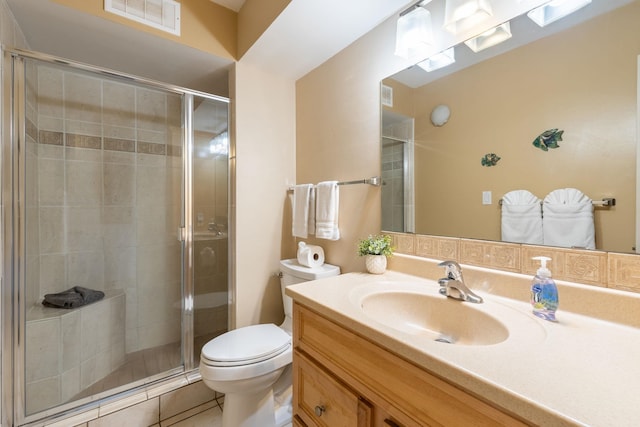 bathroom featuring tile patterned floors, vanity, toilet, and an enclosed shower