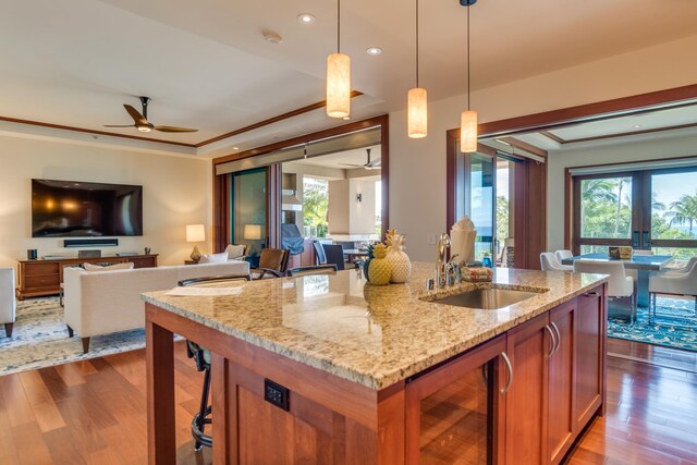 kitchen with a sink, light stone countertops, wine cooler, dark wood finished floors, and a kitchen island with sink