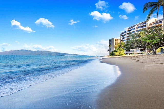 view of water feature with a mountain view and a beach view