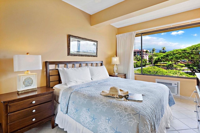 tiled bedroom with a wall mounted AC