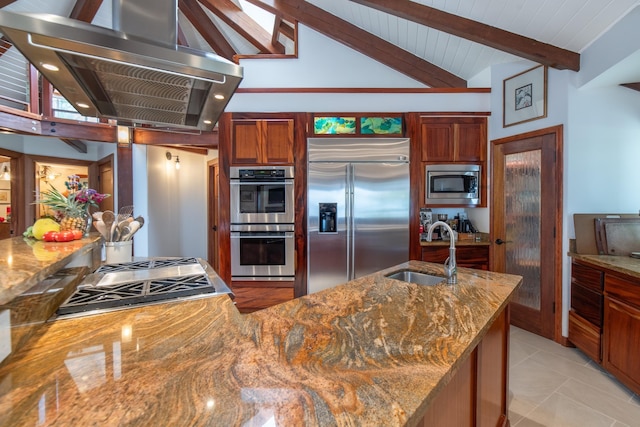 kitchen featuring a sink, built in appliances, stone countertops, extractor fan, and vaulted ceiling with beams