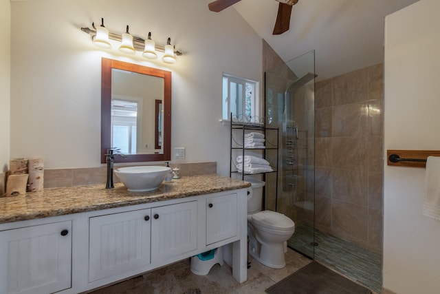 full bathroom with a walk in shower, ceiling fan, and plenty of natural light