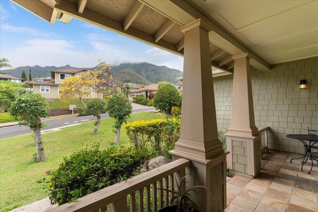 view of patio with a mountain view